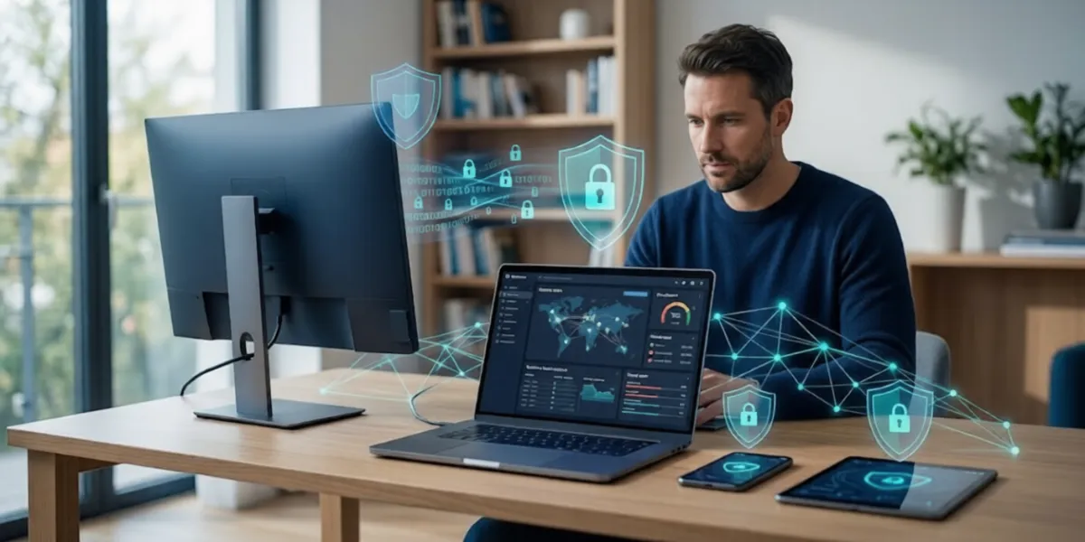 A household managing security across a laptop, tablet and phone
